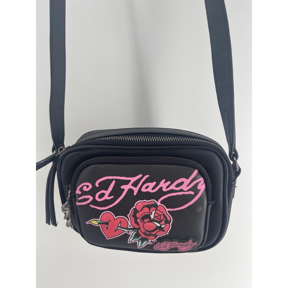 Ed Hardy Crossbody Bag‎ Y2K Black Pink Rose Heart Small Purse Excellent
